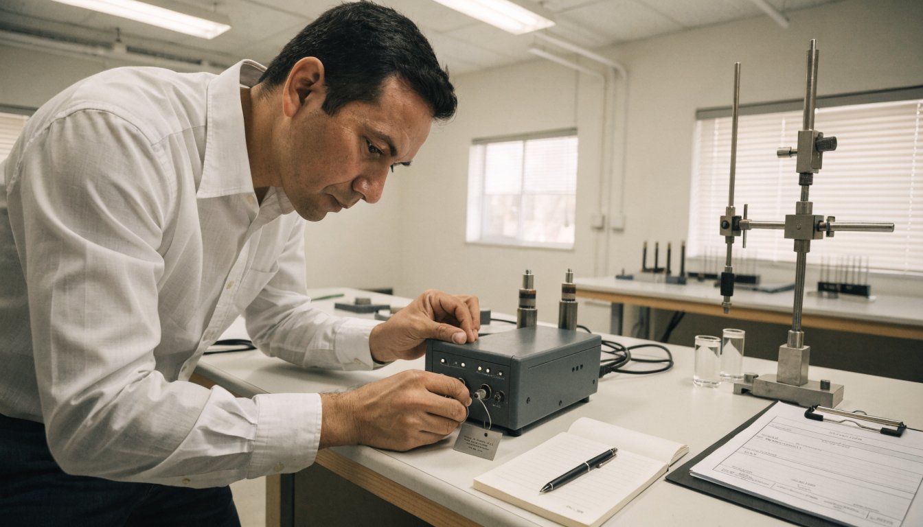 Engineer calibrating high-voltage test equipment in a lab in Mexico