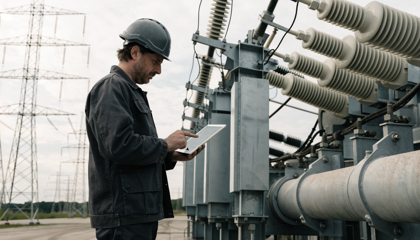 Engineer inspecting a substation transformer with a maintenance checklist