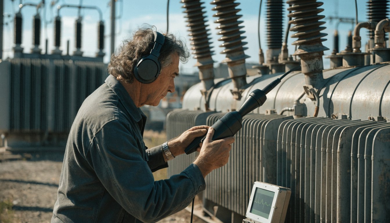 Engineer measuring partial discharge on a substation transformer