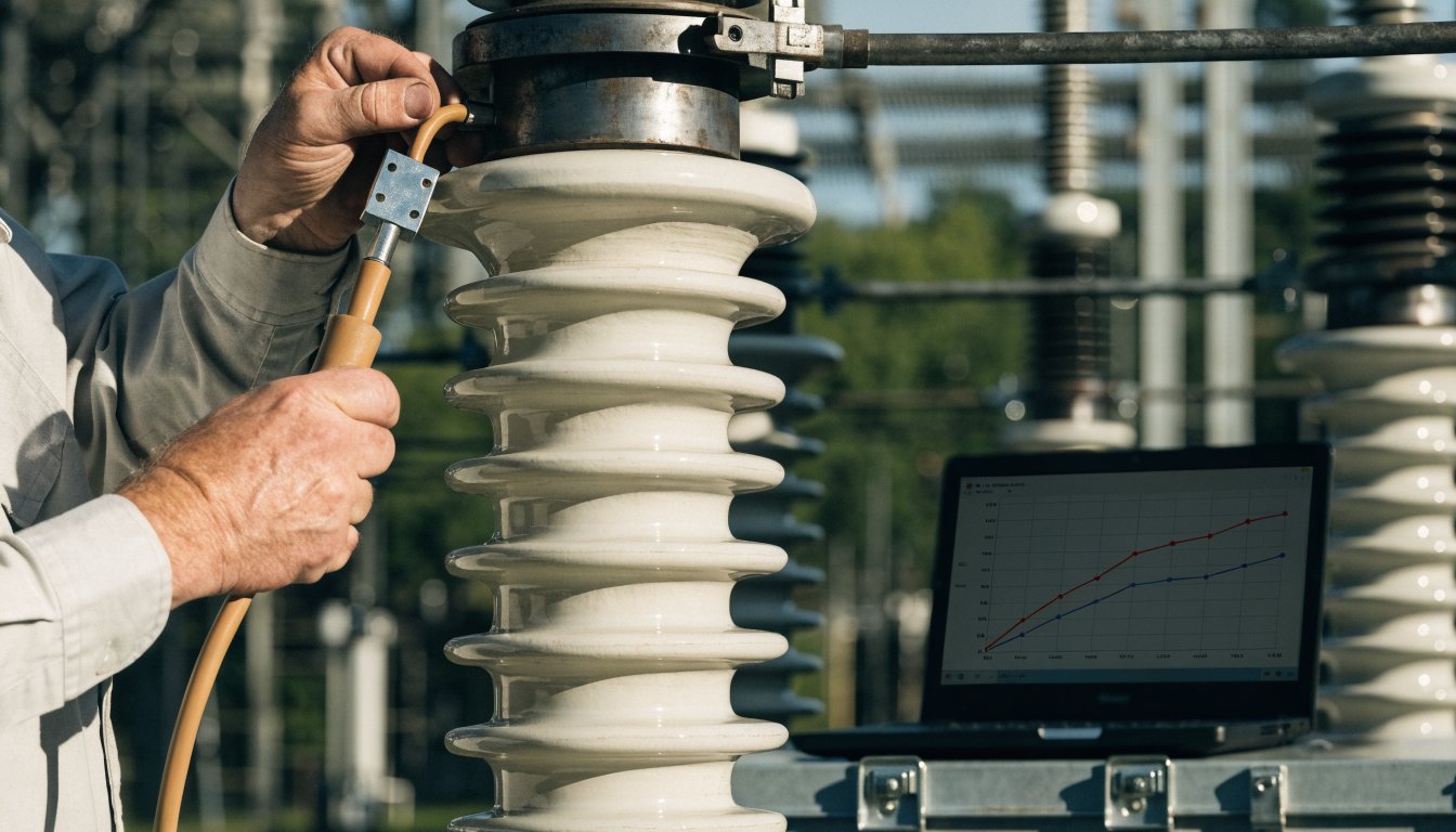 Engineer attaching a tan delta test lead to a transformer bushing