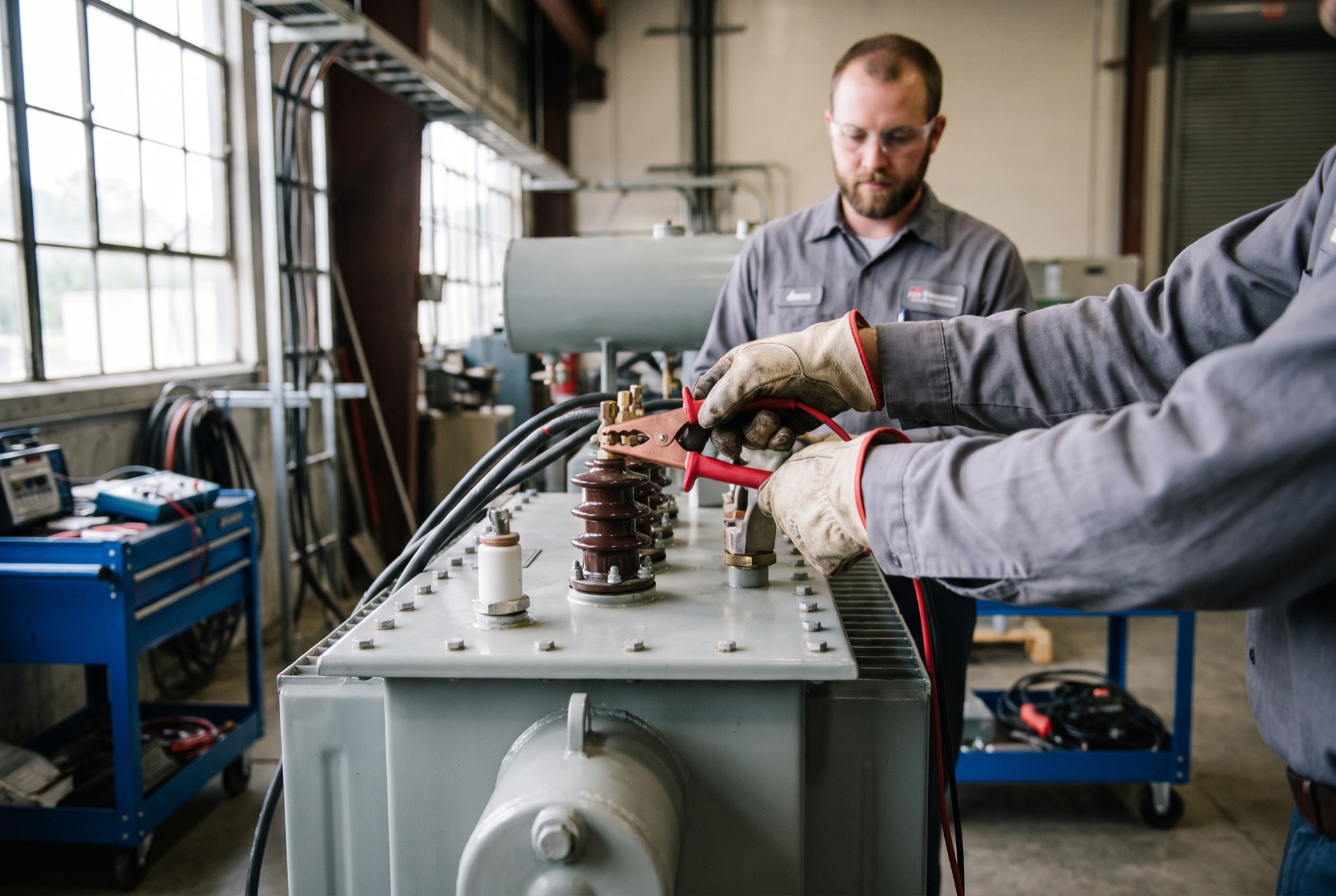 Engineer testing a transformer bushing