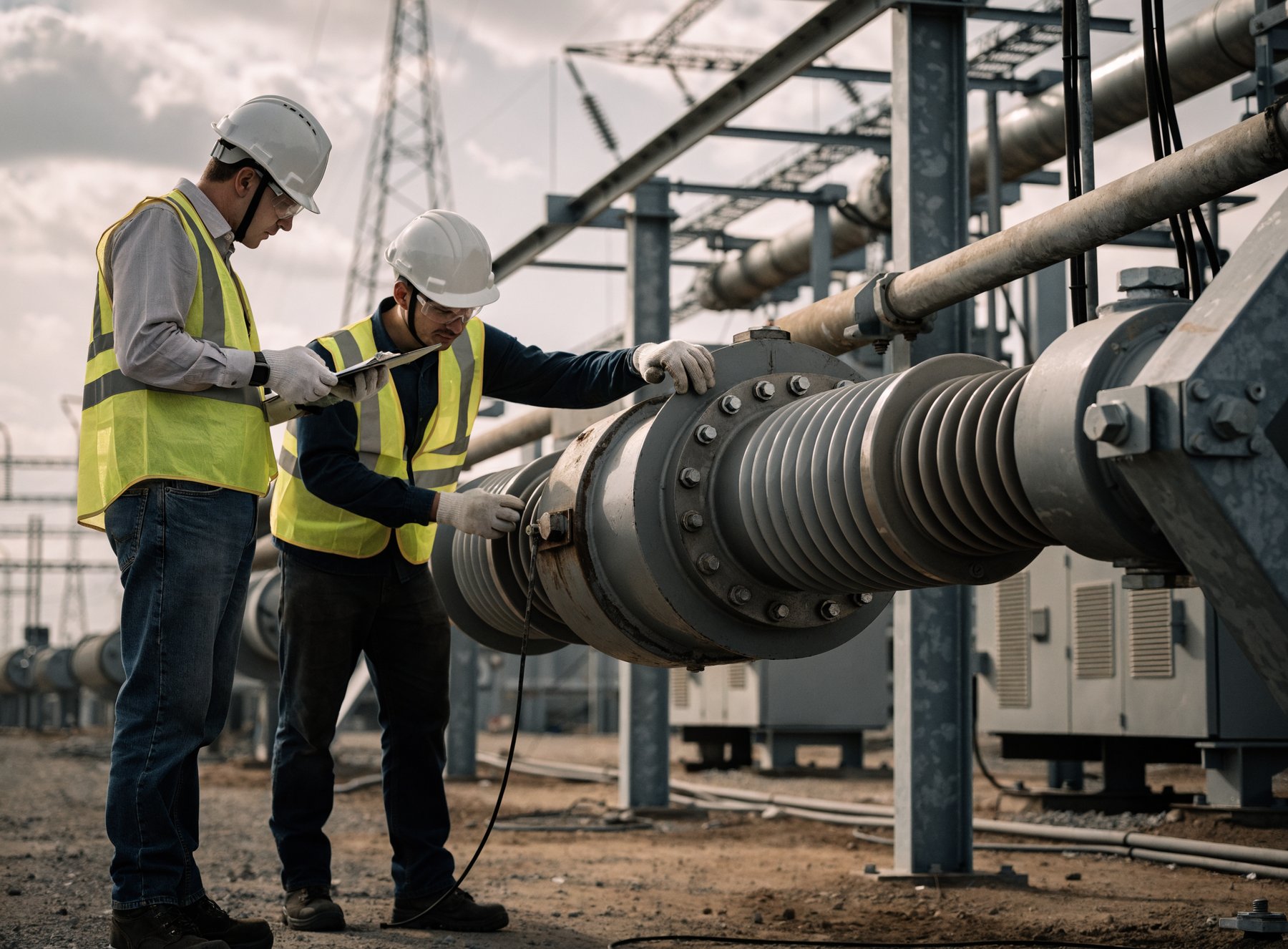 Field engineers inspecting a transformer bushing at a substation