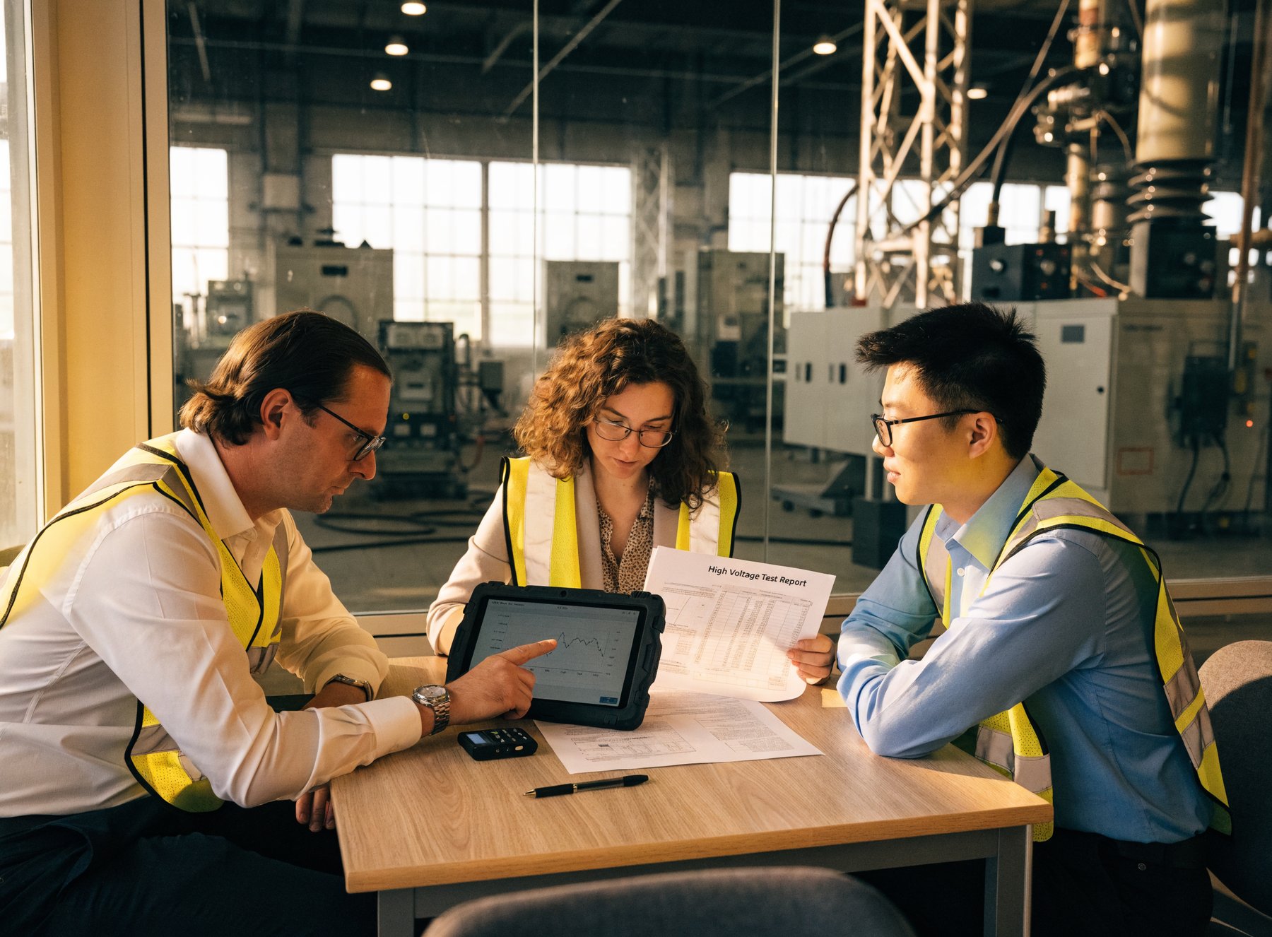 Engineering team reviewing a high-voltage test report